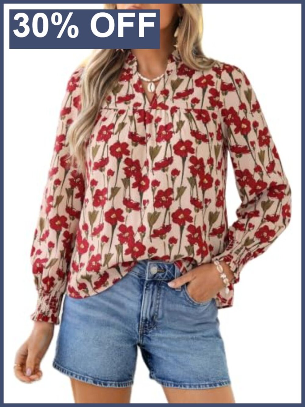 Women's Boho Floral Blouse Long Sleeve V-Neck Smocked Cuffs Dressy Casual